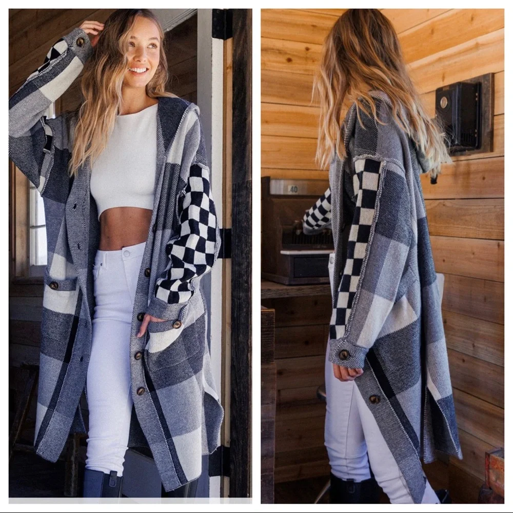 LAST ONE! Absolutely Fabulous Boho Multi Plaid Fabric Hoody Cardigan - Picture 3 of 6